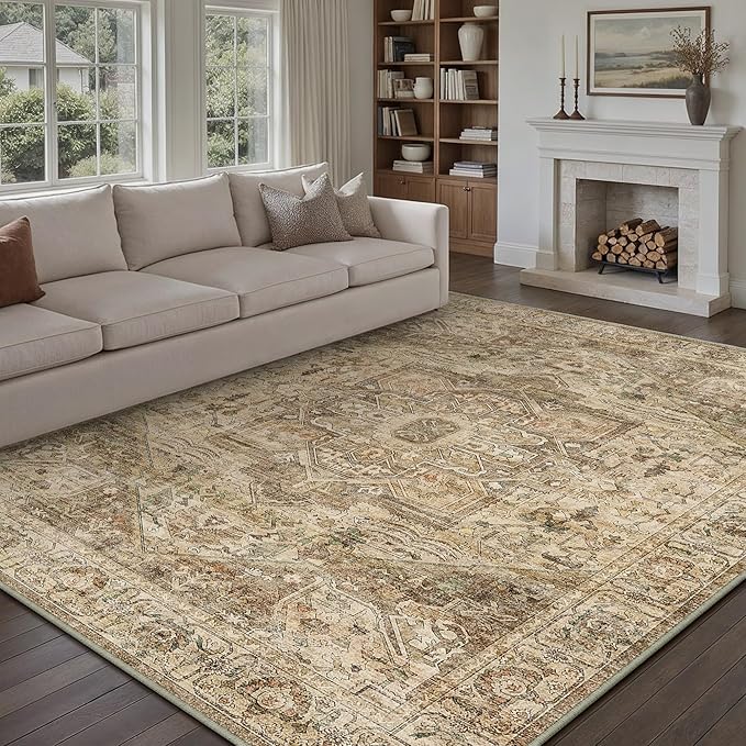 Brown Multi Area Rug 8x10 Vintage Washable Distressed Living Room Carpet Large Indoor Non Slip Traditional Medallion Retro Low Pile Accent Throw Rug Bedroom Kitchen Office Dining Room