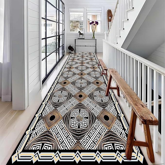Abstract Black White Geometric Runner Rug, 2.6x7ft, Luxury Greek Key Rugs for Home Decorative, Greek Spiral Texture Home Decor Non Slip Rugs, Washable Soft Reduce Noise Mat for Bedroom