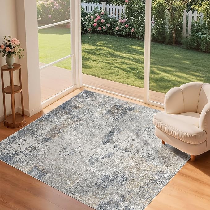 Square Area Rugs : Washable 5x5 Neutral Modern Abstract Carpet for Living Room Bedroom - Soft Floor Mat with Non Slip Backing for Kitchen Nursery Dorms Farmhouse Home Decor - Blue Grey