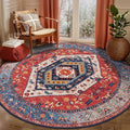 SERISSA Boho Round Area Rug, 5ft Washable Non-Slip Circle Rug, Ultra Soft Oriental Vintage Rust Low-Pile Circular Carpet for Bedroom Entryway Kids Room Office College Dorm Living Room