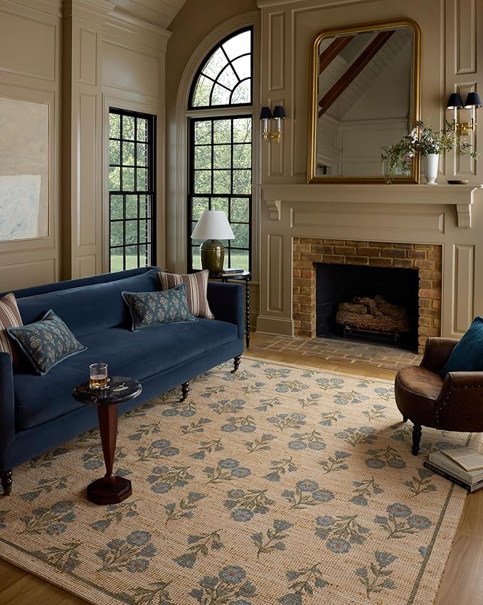 Loloi Chris Loves Julia Rue Collection RUE-04 Moss/Blue 3'-6" x 5'-6" Accent Rug Jute Neutral Floral Living Room Bedroom Rug