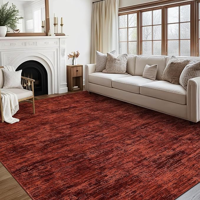 RUGSREAL Living Room Area Rug 9x12 Washable Rug Non-Slip Stain Resistant Modern Abstract Bedroom Rug Contemporary Throw Floor Carpet for Dining Room Solid Area Rug for Home Office, Red