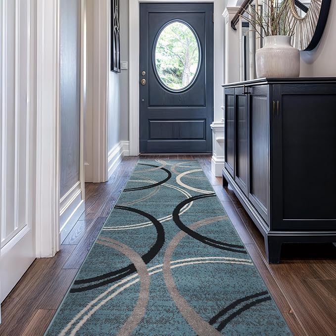 Rugshop Modern Wavy Circles Design Runner Rug, Carpet with Jute Backing for Hallway, Entryway, or Laundry Room, Blue, 2'7" x 6'