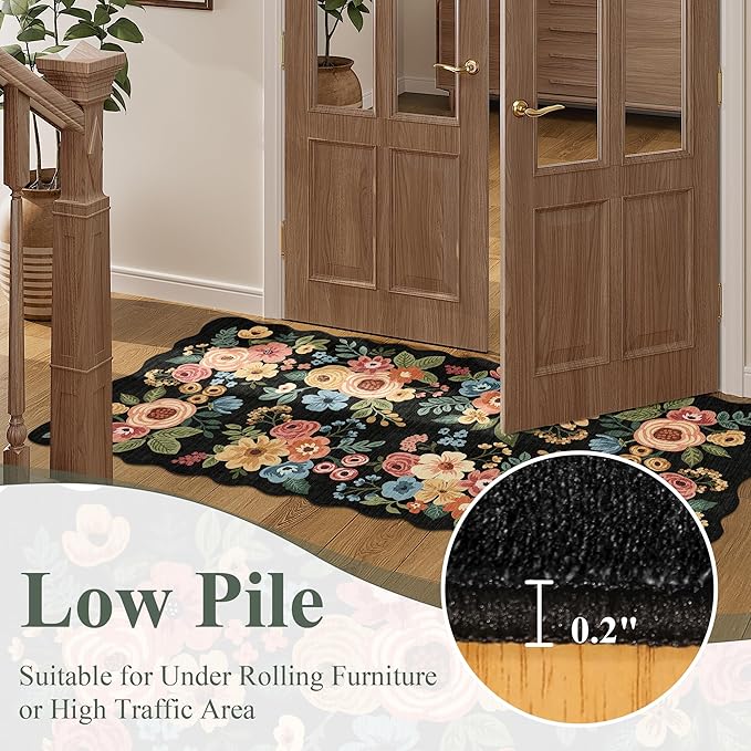 DUKINO 2x5 Washable Runner Rugs, Non Slip Floral Print Entryway Rug with Soft Low Pile, Lightweight Mat for Living Room, Bathroom, Bedroom, Kitchen, Black