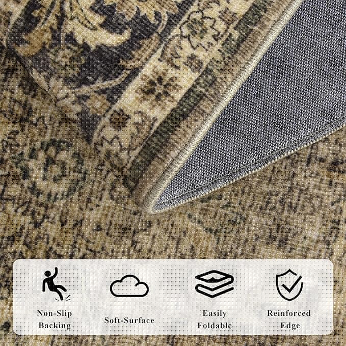 Washable Area Rug 5x7 Brown Rugs for Living Room, Vintage Boho Large Rug for Bedroom Dining Room Office, Distressed Floral Print Carpet for Under Table, Soft Non Slip Low Pile Throw Carpet Indoor Mat