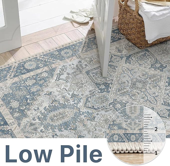 8x10 Area Rug Machine Washable Boho Rug for Living Room,Ultra-Thin Low Pile Carpet,Lightweight Indoor Printed Rug,Non Slip Floral Area Rug for Bedroom, Dining Room, Home Office,Light Blue