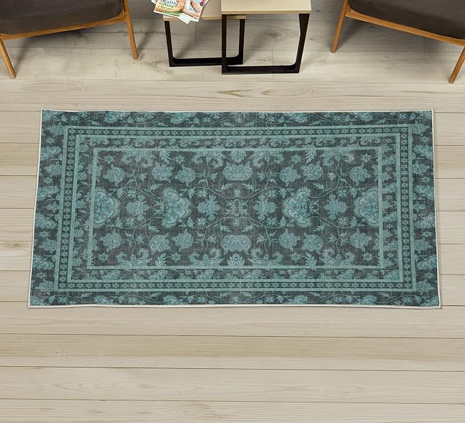 Ambesonne Folk Art Decorative Rug, Bohemian Eastern Culture Ornament in Summer Tones Abstract Flourish, Quality Carpet for Bedroom Dorm and Living Room, 2' x 5', Dark Cadet