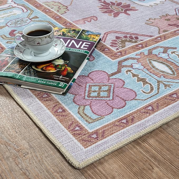 Fame Living Pink Oushak Rug, Modern, Vintage, Turkish, Eclectic, Floral, Pastel, Washable, Area Rugs for Living Room, Dining, Bedroom, Office, Entryway, Foyer, Playroom, Nursery, 5'x6'9"