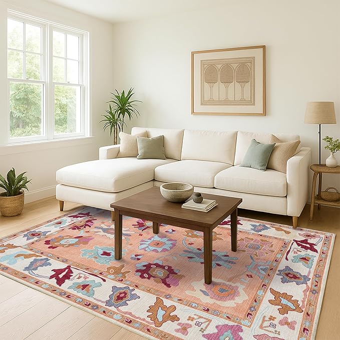 Fame Living Orange Green Oushak Rug, Modern, Vintage, Turkish, Eclectic, Floral, Pastel, Washable, Area Rugs for Living Room, Dining, Bedroom, Office, Entryway, Foyer, Playroom, Nursery, 5'x6'9"