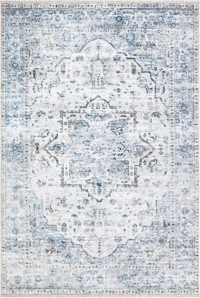 Bloom Rugs Washable Non-Slip 2x3 Rug - Ivory/Blue/Gray Traditional Oriental Area Rug for Living Room, Bedroom, Dining Room, and Kitchen - Exact Size: 2' x 3'
