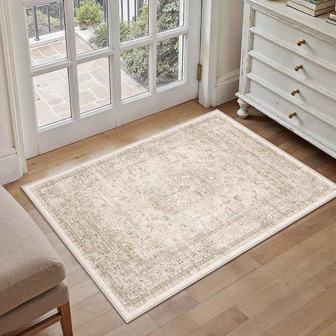 Entryway Area Rug 2x3 Beige Vintage Distressed Indoor Carpet Oriental Soft Thin Small Door Mat Non Slip Low Pile Throw Rug for Entrance Bathroom Bedroom Kitchen Laundry
