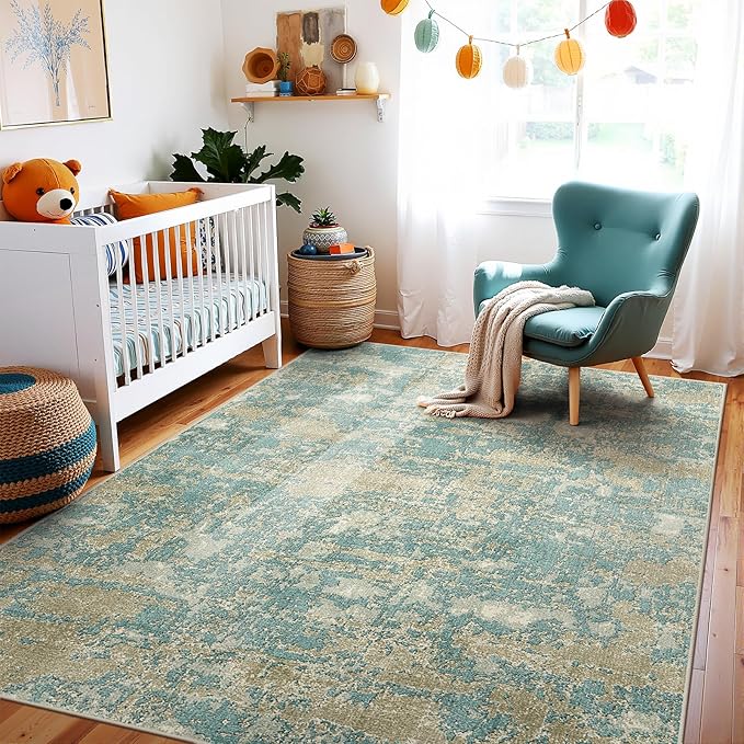 WITSHOCK Living Room Area Rugs 5x7：Modern Abstract Machine Washable Large Rug for Bedroom Dining Room Non-Slip Stain Resistant Home Office Decor,Teal Brown