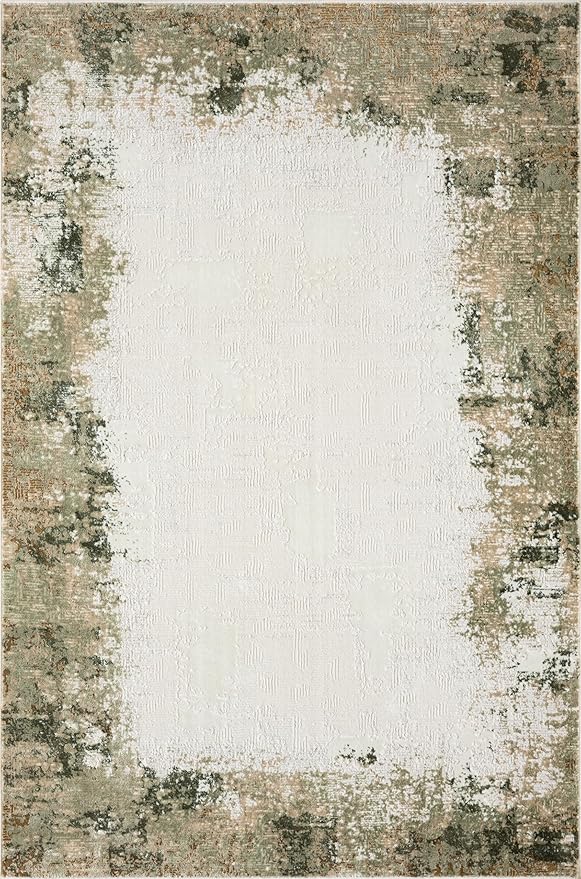 Abani Beige with Green Border Area Rug – 8' x 10' – Classic Textured Design – Ivy Collection – Non-Shedding, Fade-Resistant, Easy to Clean – Durable for High Traffic Areas – Living Room & Bedroom