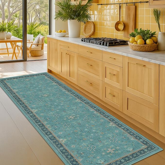 Boho 2x7 Long Non Slip Kitchen Rug Runner - Teal Washable Rug for Bathroom, Hallway, Door Mats Indoor Entrance,Non Slip with Rubber Backing, Vintage Floral Indoor Décor