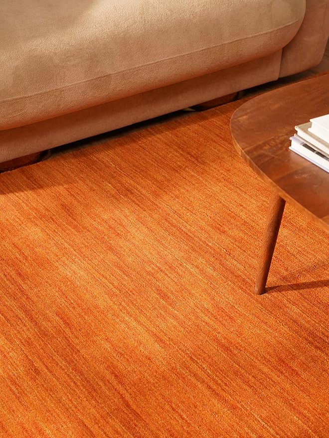 Rugsotic Carpets Hand Knotted Loom Wool ECO-Friendly Area Rugs - 6'x9', Rectangle, Orange Color, Solid Plain Design, High Pile Handmade Anti Skid Area Rugs for Living Room, Bed Room (L00111)