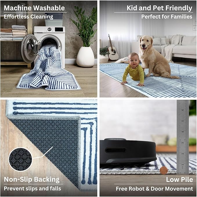 Bloom Rugs Washable Non-Slip 2' x 3' Rug - Blue/Ivory Striped Area Rug for Living Room, Bedroom, Dining Room, and Kitchen - Exact Size: 2' x 3'