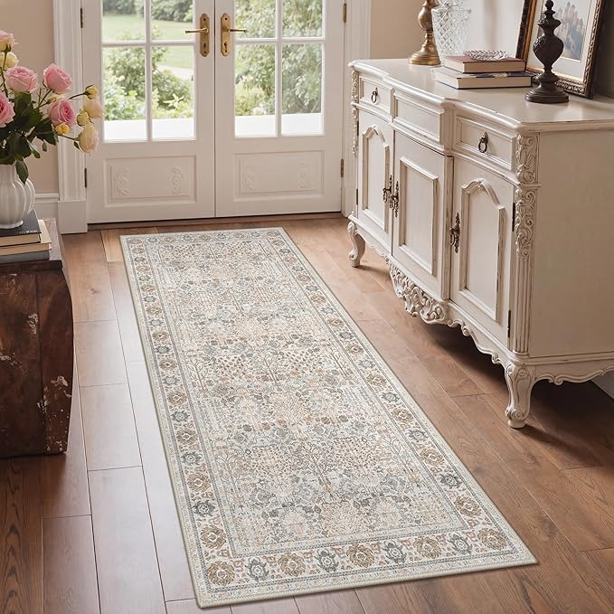 Bavni 2'6''x6 Rug Runners for Hallways, Washable Runner Rug Non Slip, Vintage Floral Print Style Rugs for Bedroom-Lightweight Low Pile Carpet for Hallways Bathroom, Beige Gery