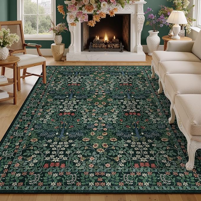 5x7 Area Rugs Living Room Rug - Floral Vintage Morris-Inspired Washable Carpet, Low Pile Non-Shedding Stain Resistance Boho Soft Carpet for Bedroom, Dining Room, Office, Farmhouse (5'x7' Dark Green)