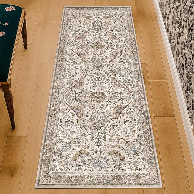 Vintage Floral Bedside Rug for Bedroom, 2x6 Washable Runner Rugs for Kitchen, Entryway, Hallway, Non Slip Moss Bathroom Carpet, Traditional Home Décor with Bird Pattern (Moss)