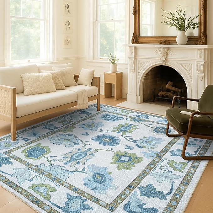 Fame Living Green Oushak Rug, Vintage Turkish Eclectic Floral Pastel Large Oversized Area Rugs for Living Room Dining Bedroom Kitchen Bathroom (55 CGRN, 2'5'' x 6'6)