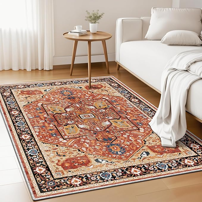 EnHomee 3x5 Washable Area Rugs for Bedroom, Boho Vintage Rugs, Foldable Area Rug for Dining Room, Non-Slip Soft Living Room Rug, Low Pile Large Carpet for Bathroom, Red