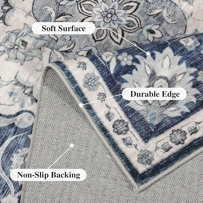 DUKINO 9x12 Area Rugs, Non Slip Distressed Living Room Rugs, Soft Large Washable Area Rugs with Low Pile & No Shedding, Faux Wool Rugs for Bedroom Aesthetic, Dining Room, Blue