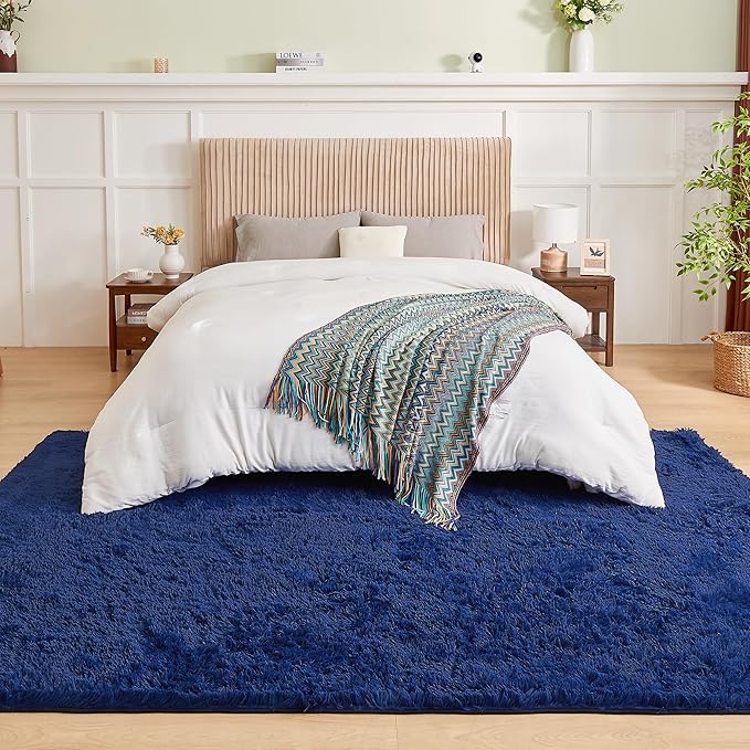 Andency Navy Area Rugs 9x12 for Living Room Home Decor, Large Shaggy Bedroom Carpet, Non-Slip Big Shag Indoor Thick Soft Fluffy Furry Fur Area Rugs for Kids Dorm Nursery Aesthetic