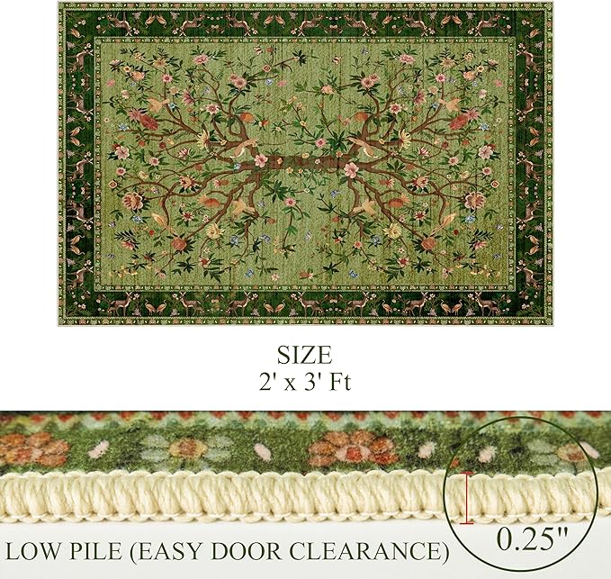 Door Mat Entryway Rug 2x3, Machine Washable Non-Slip Small Area Rug, Boho Floral Low Pile Throw Rugs for Entrance, Front Door, Entry, Kitchen, Kids Room（Green）