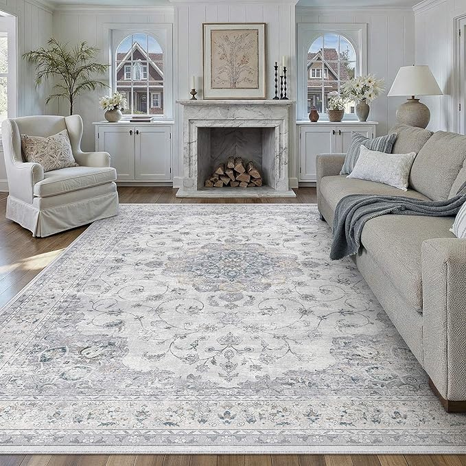 HUGEAR Machine Washable Area Rugs 6x9 Vintage Blue Living Room Bedroom Rug Neutral Style Non Slip Stain Resistant Low Pile Throw Carpet for Home Retro Aesthetic Modern Decor