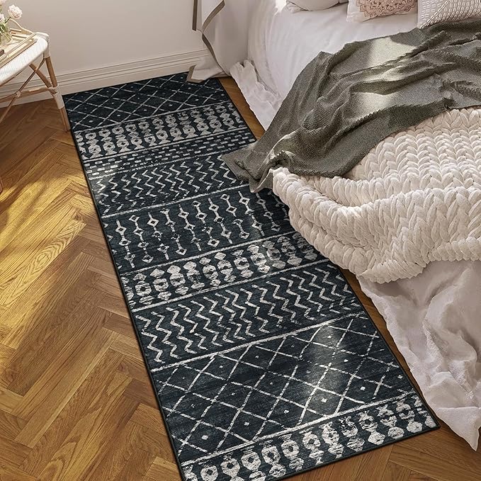 2x6 Machine Washable Runner Rug, Kitchen Hallway Area Rug, Black Vintage Moroccan Rug Ultra Non-Slip Low Pile Soft Faux Wool Carpet, Kids and Pets Friendly for Bedroom Entryway Bedside Decor Rug