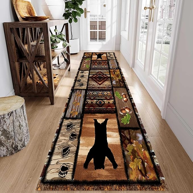 Wild Animal Bear Long Runner Rug, 2x6ft, Brown Geometric Stitching Non-Slip Kitchen Mat, Animal Bear and Plant Pine Cone Autumn Leaf Print Entrance Carpet, Southwest Country Style Indoor Decoration