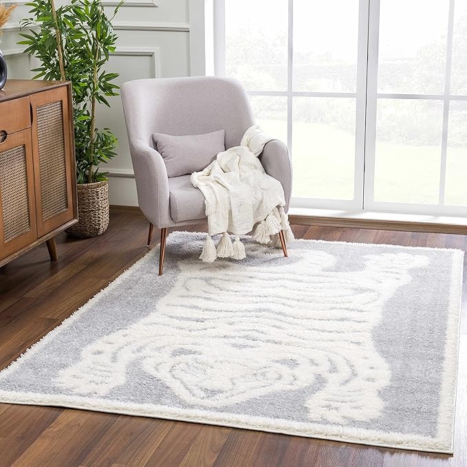 Hauteloom Tilos Moroccan Farmhouse Living Room Bedroom Nursery Shag Area Rug - Shaggy Carpet - Tiger Pattern - High Plush Pile - Light Grey, Beige, Cream - 5'3" x 7'
