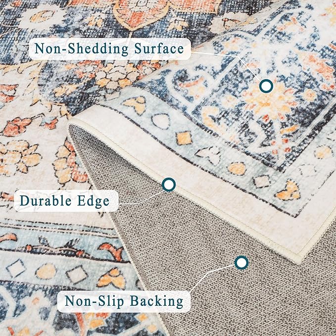 vivorug 3x5 Rug, Boho Small Area Rug for Living Room, Bedroom, Kitchen, Machine Washable Non-Slip Throw Rug, Vintage Floral Carpet for Entryway Nursery Coffee Table - Durable (Orange/Navy)