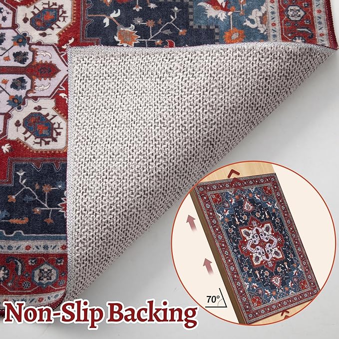 Tangsoo 2x6 Washable Runner Rug for Hallways, Non Slip Vintage Runner Rug, Soft Boho Low Pile Long Rug Runner, Print Distressed Red Carpet Runners for Kitchen Bedroom Entryway Living Room Oriental