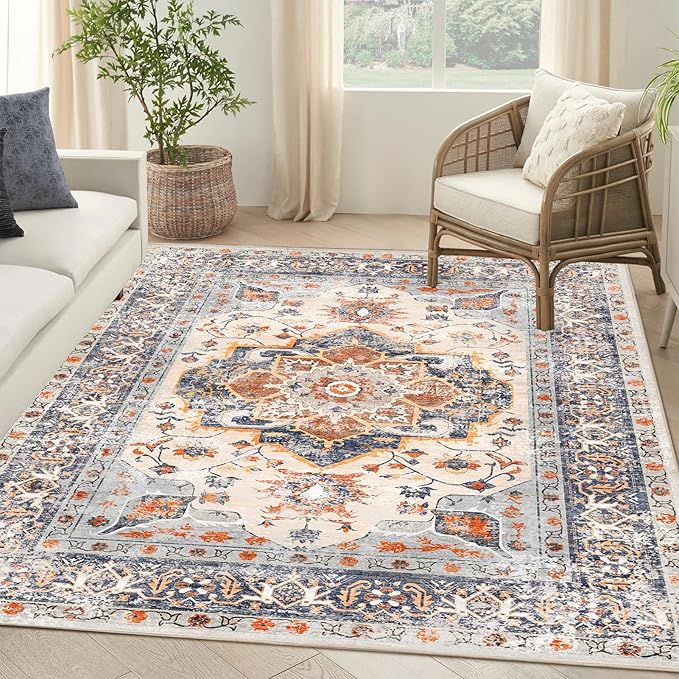 VK VK·LIVING Machine Washable Rug 6'x9' Vintage Design Washable Area Rugs with Non Slip Rugs for Living Room Bedroom Traditional Woven Carpet Stain Resistant, Dining Office Boho Rug, (Bright)