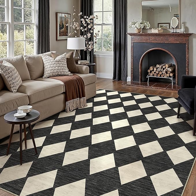 6x9 Checkered Area Rugs for Living Room Black Machine Washable Large Rug Non-Slip Stain Resistant Low Pile Boho Accent Indoor Throw Carpet for Bedroom Dining Room Classroom