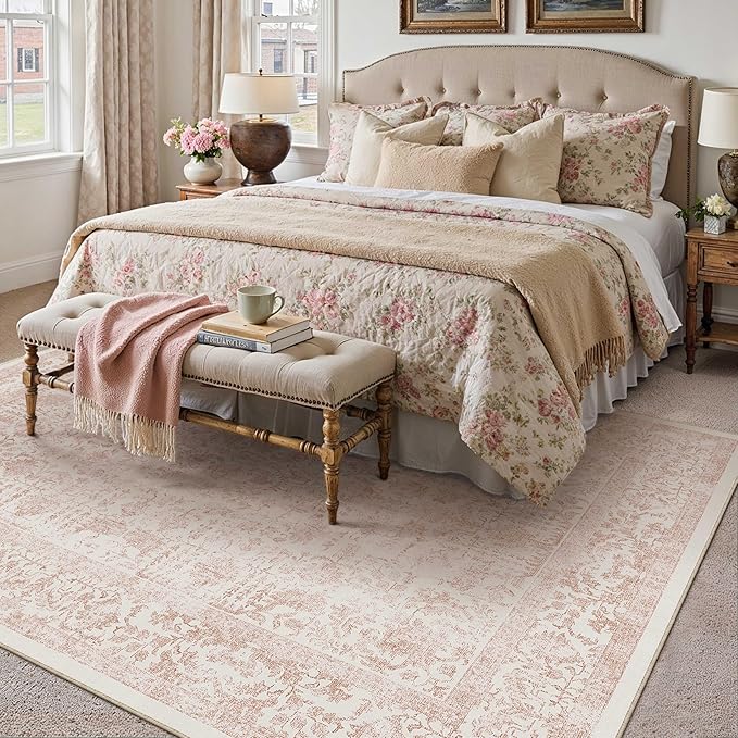 Pink Area Rug 9x12 Machine Washable Large Vintage Living Room Distressed Non Slip Carpet Traditional Indoor Bedroom Retro Floral Accent Throw Rug for Office Kitchen Dining Room