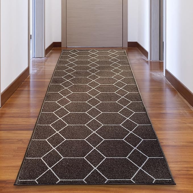 Custom Made Runner Rug for Kitchen Foyer Hallway Entry Choose Your Length Size 26 Inch Wide Geometric Lattice Design Brown Color (18 feet x 26 inch)