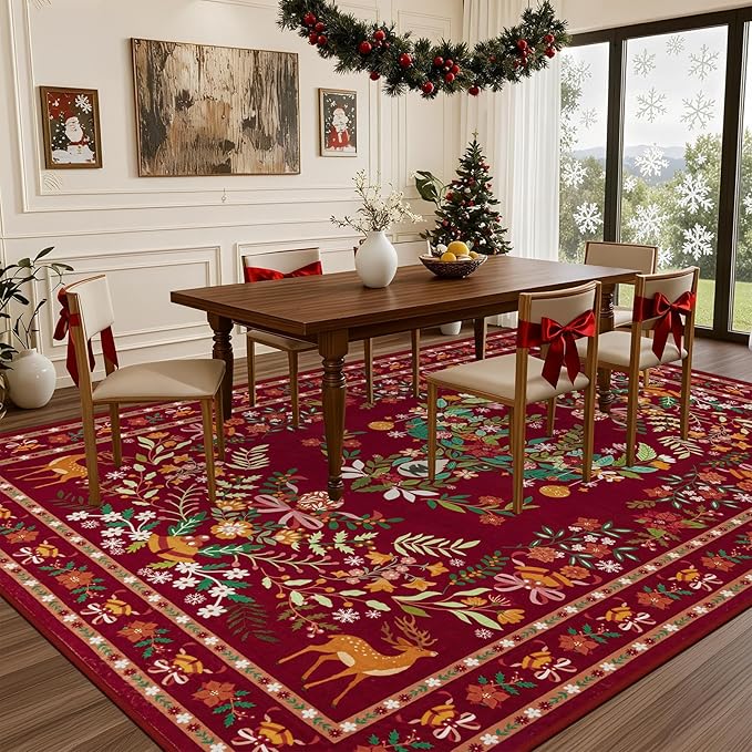 8x10 Area Rugs Living Room Rug: Christmas Washable Rug Floral Soft Carpet Indoor Floor Non-Slip Boho Stain Resistant Large Carpets for Bedroom Kids Nursery Dining Room Farmhouse Home Office Red