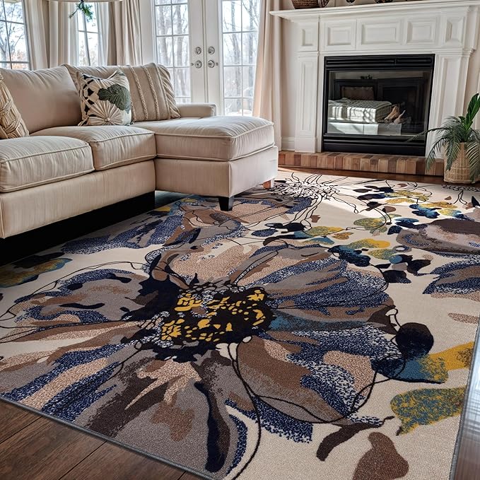 Rugshop Cream Bright Flowers Non Slip Non-Shedding Area Rug for Living Room, Dining Room and Bedroom, 5'3" x 7'3"