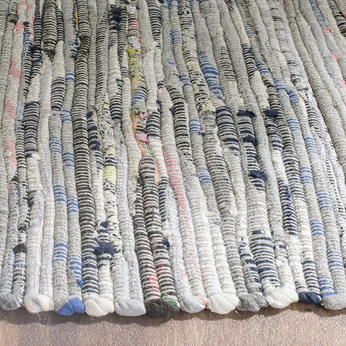 SAFAVIEH Rag Rug Collection Area Rug - 8' Square, Grey, Handmade Boho Stripe Cotton, Ideal for High Traffic Areas in Living Room, Bedroom (RAR121A)