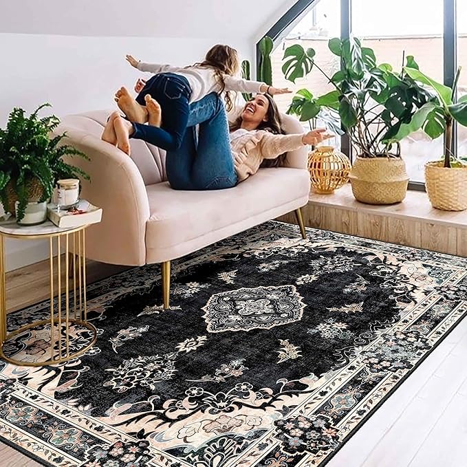MUJOO Boho Rug 4'x6.5',Black Area Rugs for Bedroom Living Room Dining Room,Machine Washable Non Slip Carpet Vintage Bohemian Distressed Farmhouse,Floral