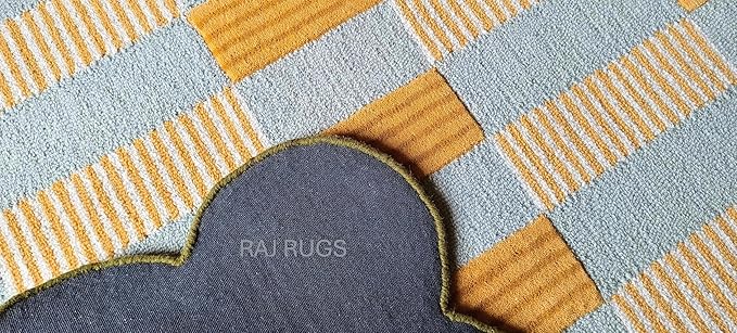Handmade Scalloped Wool Area Rug - Modern Geometric Pattern, Green-Beige Stripes, Checkered Chevron Design - Soft, Durable Thick Carpet for Living Room, Bedroom (Gold, 6' x 9')