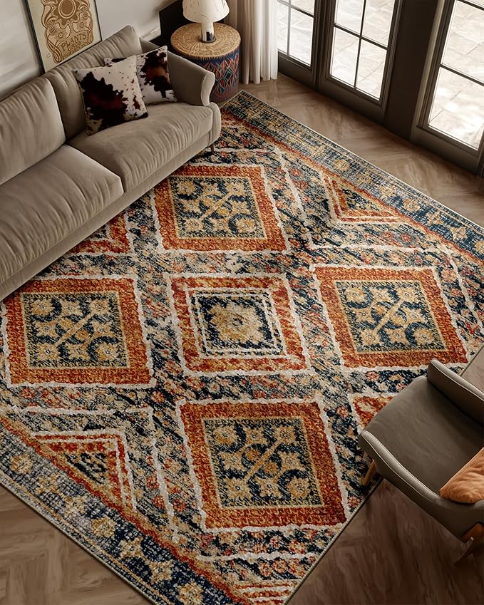 Area Rug 8x10 Rug Machine Washable Non-Slip Low Pile Print Pattern Western Rug Fall for Living Room Bedroom Entryway Tribal Series -Orange/Brown