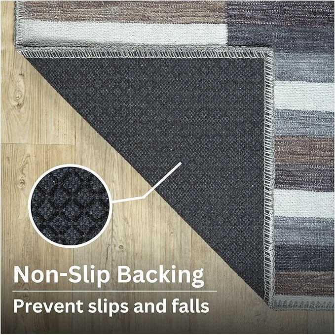 Bloom Rugs Washable Non-Slip 8' x 10' Rug - Blue/Brown Striped Area Rug for Living Room, Bedroom, Dining Room, and Kitchen - Exact Size: 8' x 10'