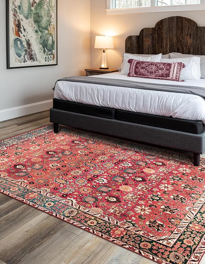 vivorug 8x10 Area Rugs for Living Room, Non-Slip Backing Washable Rug 8x10, Red Large Area Rug Soft Carpet for Bedroom Dining Room, Vintage, Easy Clean, Durable, Low Pile Rug Under Table
