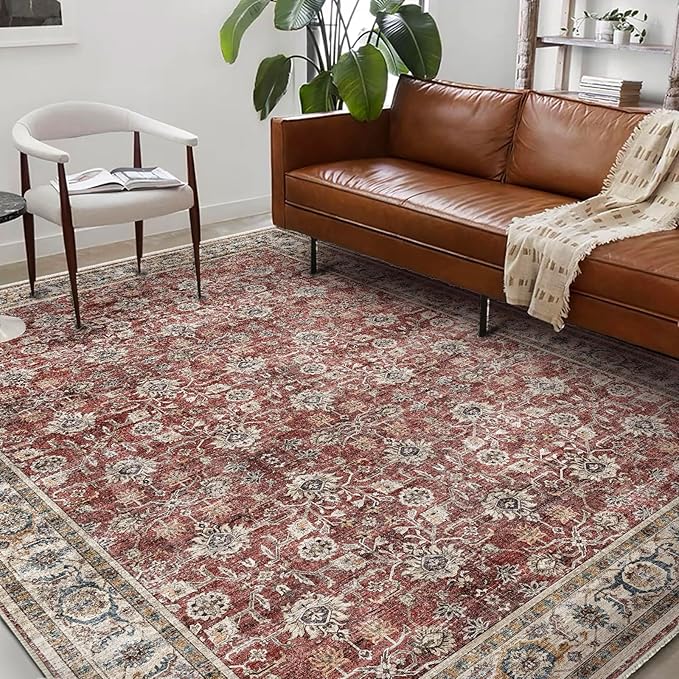 Washable Area Rug 9'x12' Boho Design Non-Shedding Easy Care Ideal for High Traffic Areas in Living Room Bedroom Office Coffee Table Kitchen Large Carpet