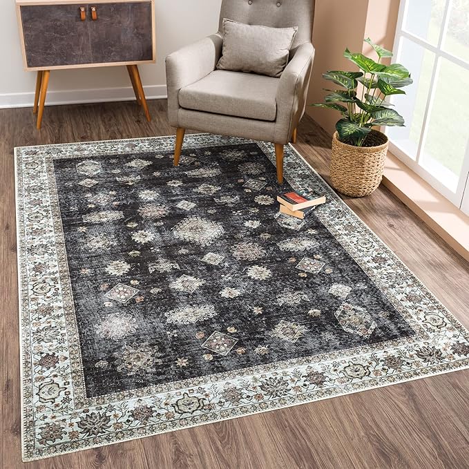 Bloom Rugs Washable Non-Slip 9' x 12' Rug - Black/Ivory Traditional Area Rug for Living Room, Bedroom, Dining Room, and Kitchen - Exact Size: 9' x 12'