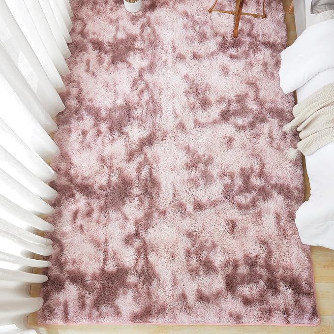 Andency Soft Area Rugs for Living Room Bedroom, 3x5 Non-Slip Fluffy Shag Carpet, Indoor Floor Fuzzy Shaggy Living Room Plush Rug for Kids Dorm Nursery Home Decor Aesthetic, Tie-Dyed Dusty Pink