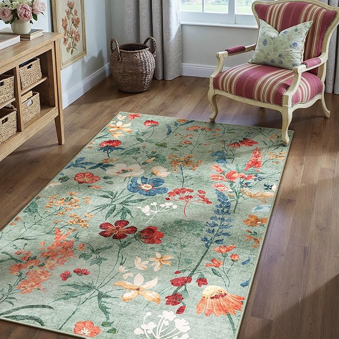 Green Area Rug 3x5 Office Floral Boho Door Mat Indoor Washable Kitchen Carpet Non Slip Bedroom Low Pile Lightweight Soft Throw Rug for Living Dining Room Bathroom